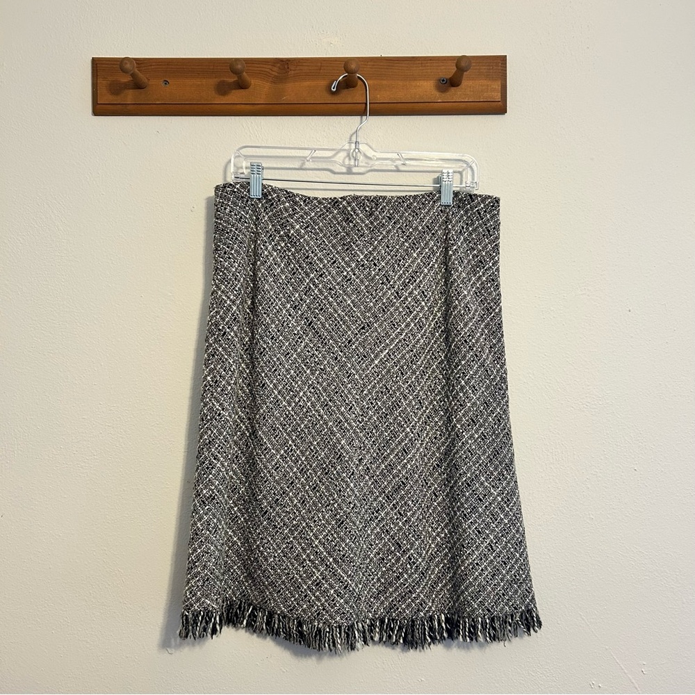 Vintage Apostrophe Wool Blend Black & White Tweed Fringe Skirt Size 14